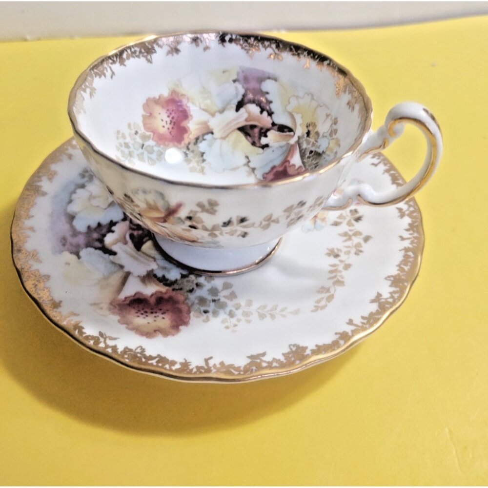 Vintage Aynsley Orchid Teacup and Saucer, Oban Shape with Flowers